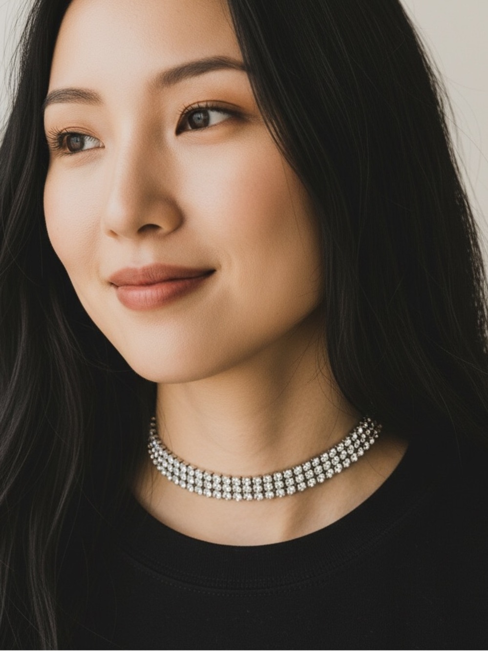 Rhinestone Silver Toned 3 Row Choker Necklace